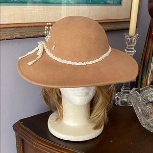 Tan color WPL brand, wide trim style hat, made in USA, 100% wool